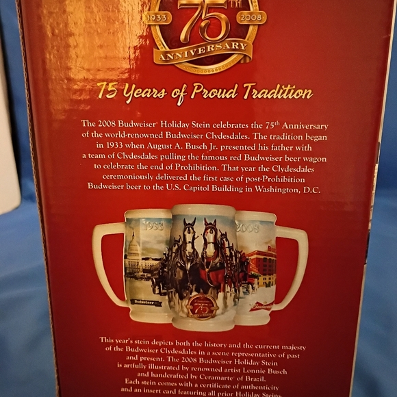 Budweiser 75th Anniversary Commerative Beer Stein. New In Box. COA - Picture 5 of 8